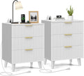 Miucore White Fluted nightstands Set of 2, 20 inch Modern Nightstand with Charging Station Wood Bedside End Table with 3 Large Storage Drawers, Tall Side Table for Bedroom Sofa Office