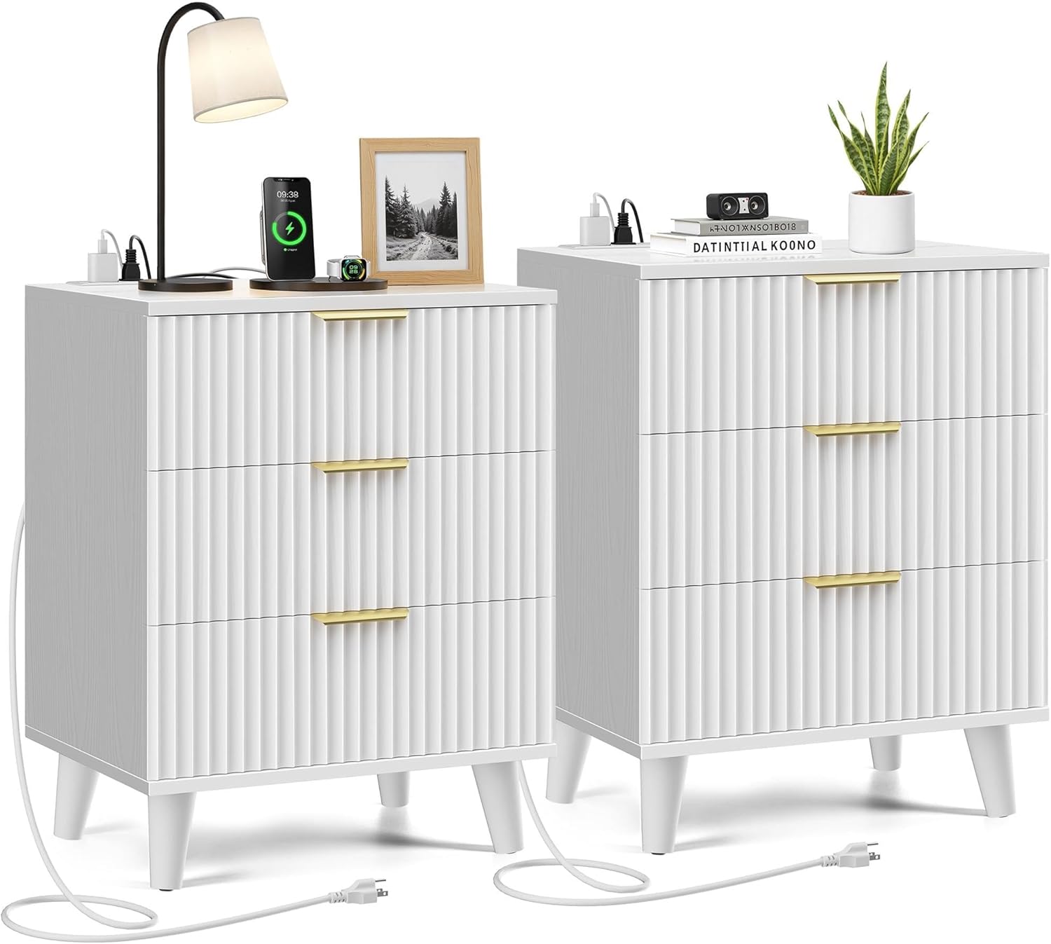 Miucore White Fluted nightstands Set of 2, 20 inch Modern Nightstand with Charging Station Wood Bedside End Table with 3 Large Storage Drawers, Tall Side Table for Bedroom Sofa Office