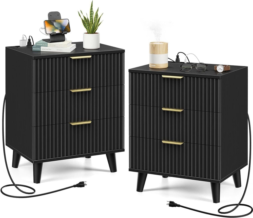 Miucore Black Fluted nightstands Set of 2 Modern Night Stand w/Charging Station | 20 inch wide wood Bedside End Table with 3 Large Storage Drawers Mid Century Tall Side Table
