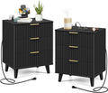 Miucore Black Fluted nightstands Set of 2 Modern Night Stand w/Charging Station | 20 inch wide wood Bedside End Table with 3 Large Storage Drawers Mid Century Tall Side Table