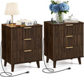 Miucore Walnut Fluted nightstands Set of 2, 20 inch Modern Nightstand with Charging Station Wood Bedside End Table with 3 Large Storage Drawers, Tall Side Table for Bedroom Sofa Office