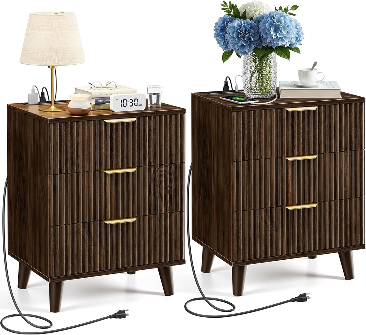 Miucore Walnut Fluted nightstands Set of 2 Modern Night Stand w/Charging Station | 20 inch wide wood Bedside End Table with 3 Large Storage Drawers Mid Century Tall Side Table
