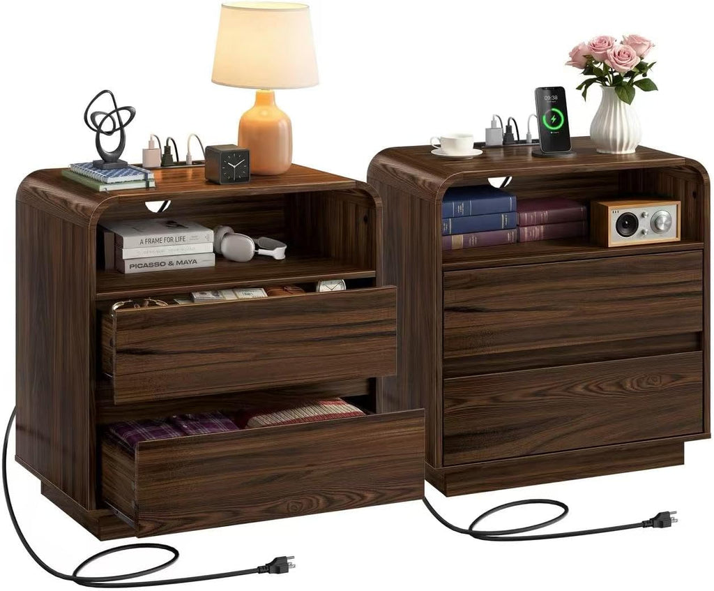 Miucore Nightstands Set of 2, Wide Round Bedside Table Set with Charging Station, Large End Table with 2 Drawers Curved Design Modern Nightstand for Bedroom Sofa Home Office Walnut