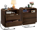 Miucore Nightstands Set of 2, Wide Round Bedside Table Set with Charging Station, Large End Table with 2 Drawers Curved Design Modern Nightstand for Bedroom Sofa Home Office Walnut