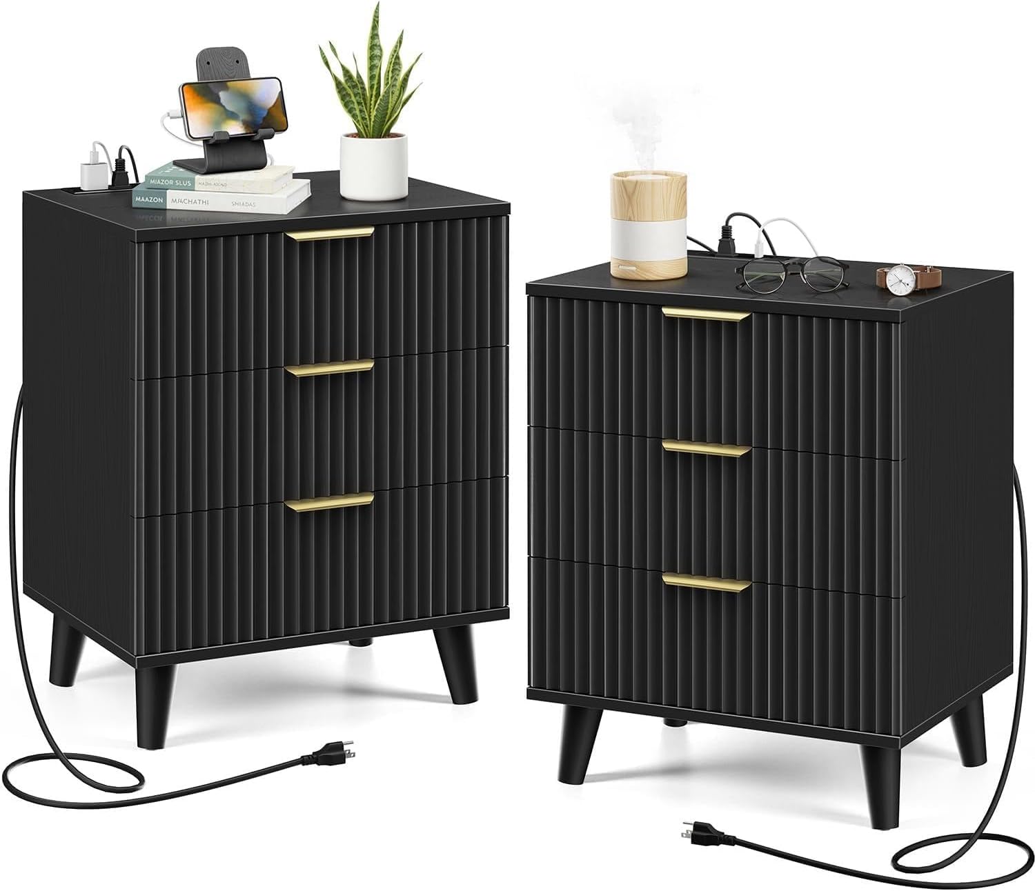 Miucore Black Fluted nightstands Set of 2, 20 inch Modern Nightstand with Charging Station Wood Bedside End Table with 3 Large Storage Drawers, Tall Side Table for Bedroom Sofa Office