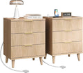 Miucore Fluted nightstands Set of 2, 20 inch Modern Nightstand with Charging Station Wood Bedside End Table with 3 Large Storage Drawers, Tall Side Table for Bedroom Sofa Office Oak Natural
