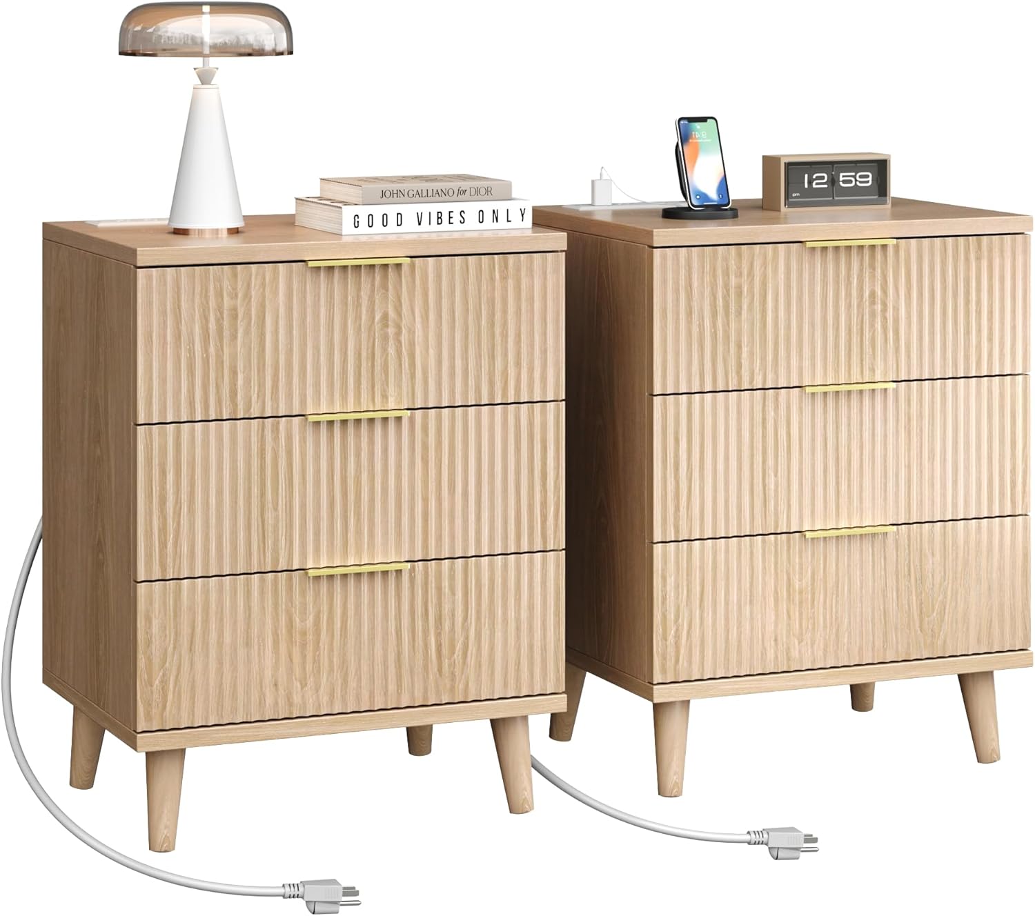 Miucore Fluted nightstands Set of 2, 20 inch Modern Nightstand with Charging Station Wood Bedside End Table with 3 Large Storage Drawers, Tall Side Table for Bedroom Sofa Office Oak Natural