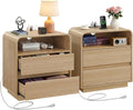 Miucore Nightstands Set of 2, Wide Round Bedside Table Set 2 with Charging Station, Large End Table with 2 Drawers Curved Design Modern Nightstand for Bedroom Sofa Home Office Oak Natural