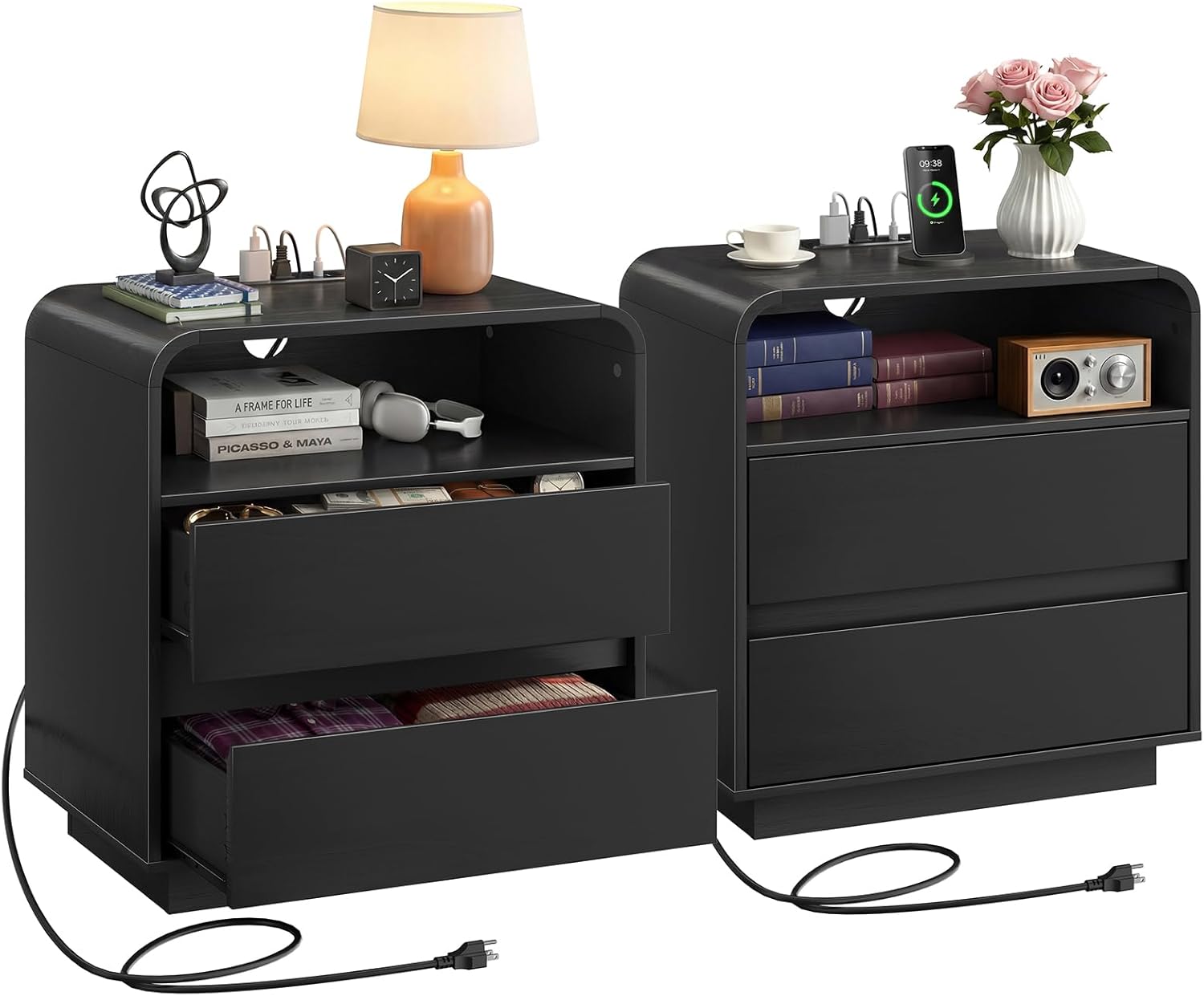 Miucore Black Nightstands Set of 2, Wide Round Bedside Table Set 2 with Charging Station, Large End Table with 2 Drawers Curved Design Modern Nightstand for Bedroom Sofa Home Office