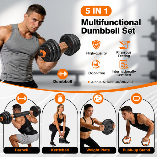 Miucore 88lbs Adjustable Dumbbell Set with Connector, 5 in 1 Weight Dumbbell Set Used as Barbell, Kettlebells, Push up Stand, Weight Plate, Fitness Workout Equipment for Home Gym