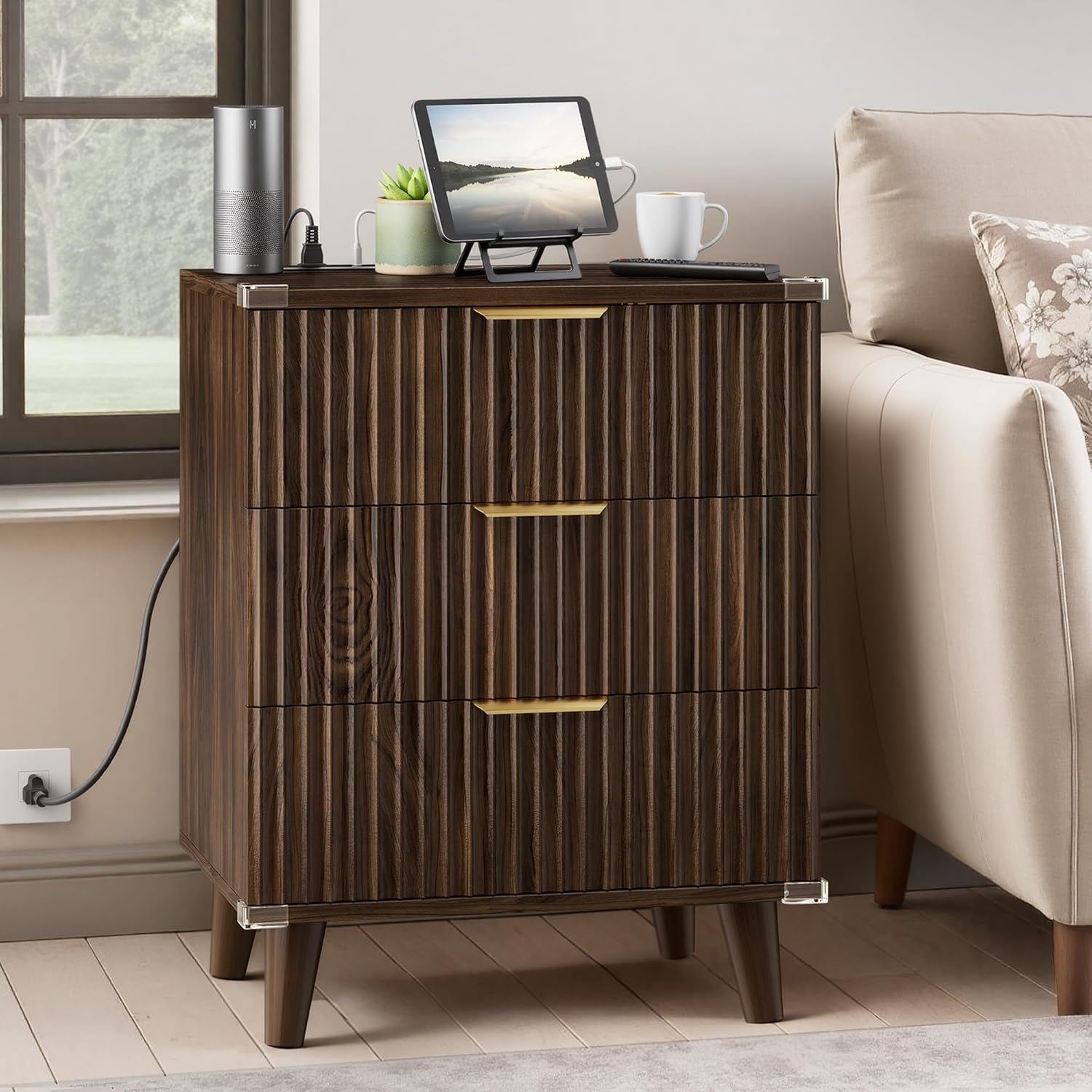 Miucore Walnut Fluted nightstands Set of 2, 20 inch Modern Nightstand with Charging Station Wood Bedside End Table with 3 Large Storage Drawers, Tall Side Table for Bedroom Sofa Office