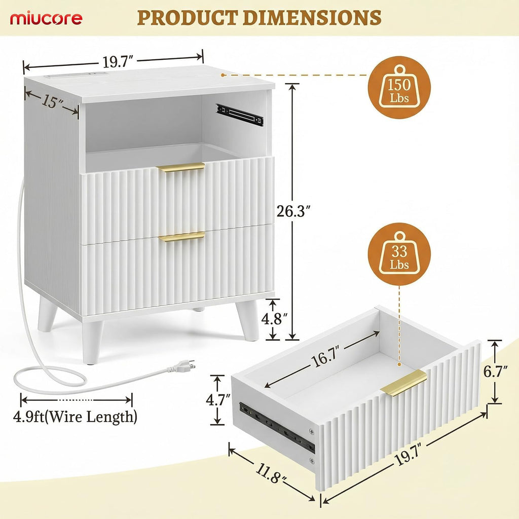 Miucore White Fluted nightstands Set of 2, 20 inch Modern Nightstand with Charging Station Wood Bedside End Table with 3 Large Storage Drawers, Tall Side Table for Bedroom Sofa Office