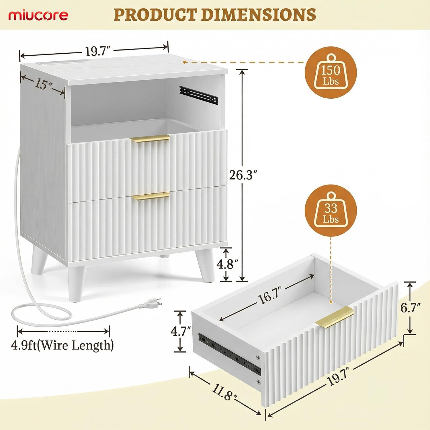 Miucore White Fluted nightstands Set of 2, 20 inch Modern Nightstand with Charging Station Wood Bedside End Table with 3 Large Storage Drawers, Tall Side Table for Bedroom Sofa Office