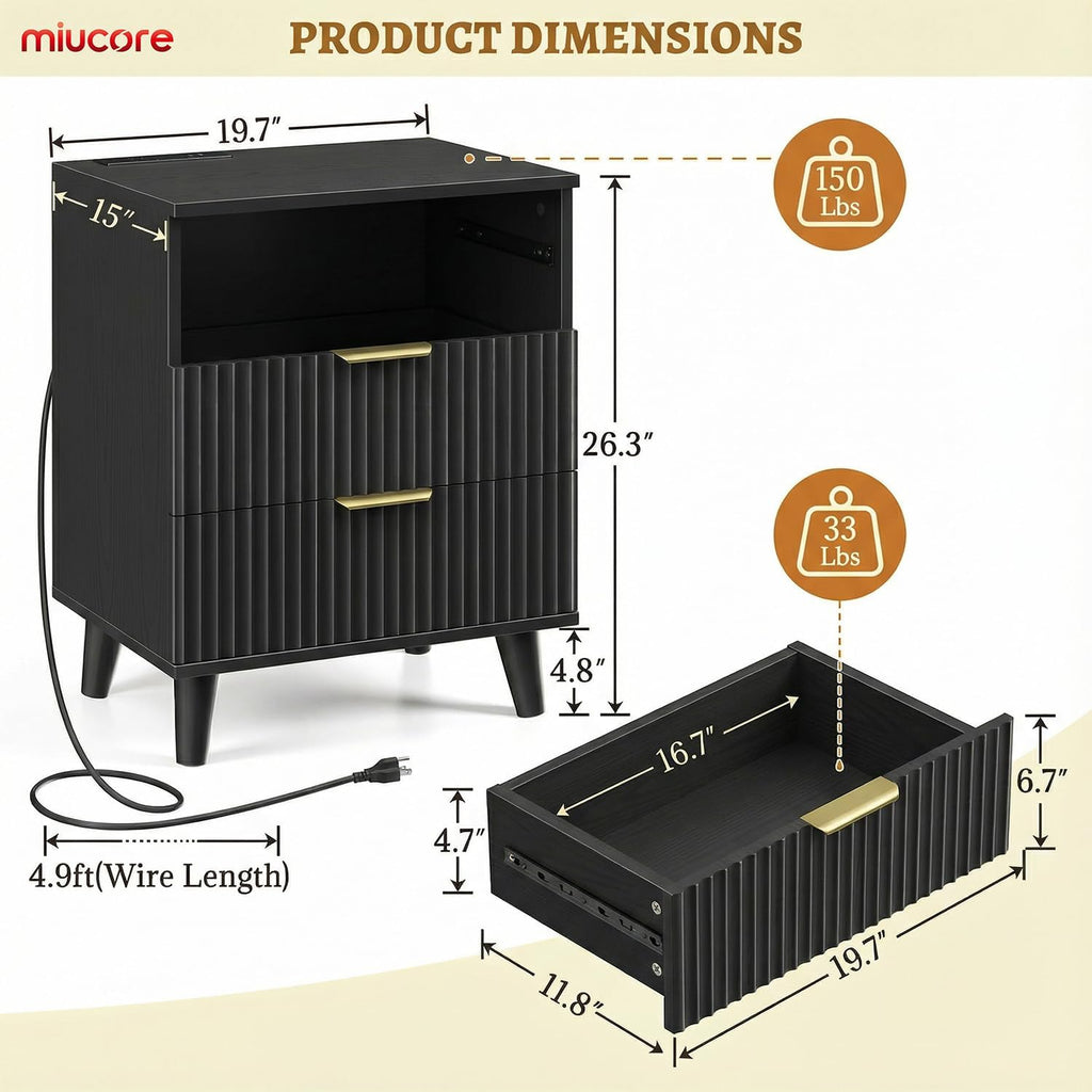 Miucore Black Fluted nightstands Set of 2 Modern Night Stand w/Charging Station | 20 inch wide wood Bedside End Table with 3 Large Storage Drawers Mid Century Tall Side Table