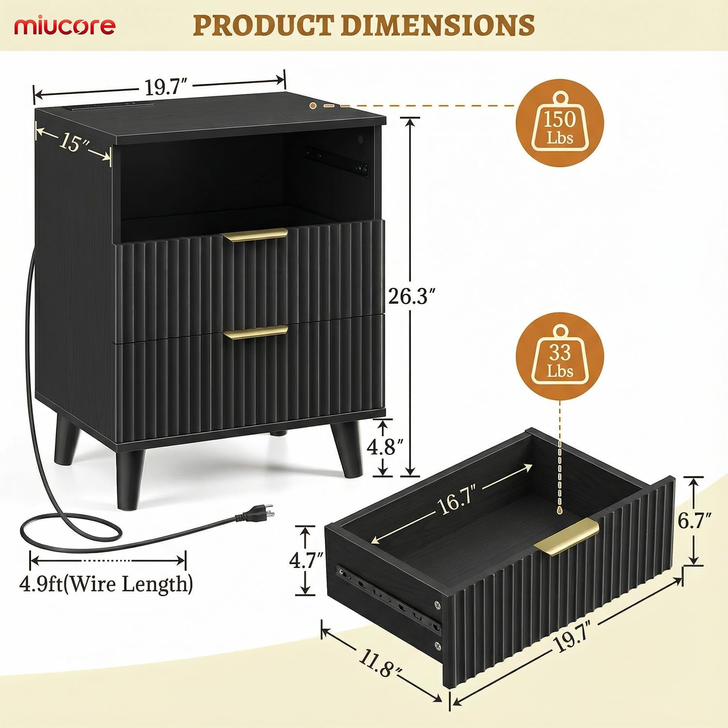 Miucore Black Fluted nightstands Set of 2 Modern Night Stand w/Charging Station | 20 inch wide wood Bedside End Table with 3 Large Storage Drawers Mid Century Tall Side Table