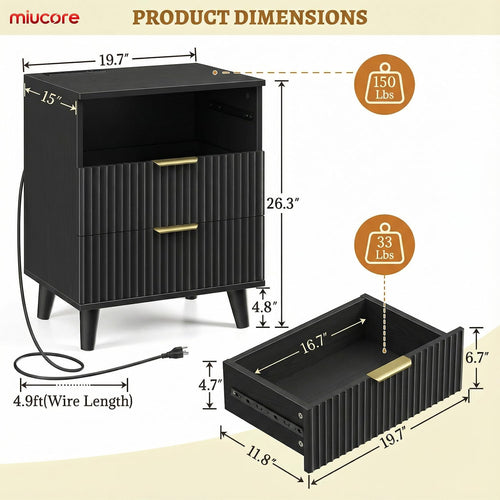 Miucore Black Fluted nightstands Set of 2 Modern Night Stand w/Charging Station | 20 inch wide wood Bedside End Table with 3 Large Storage Drawers Mid Century Tall Side Table