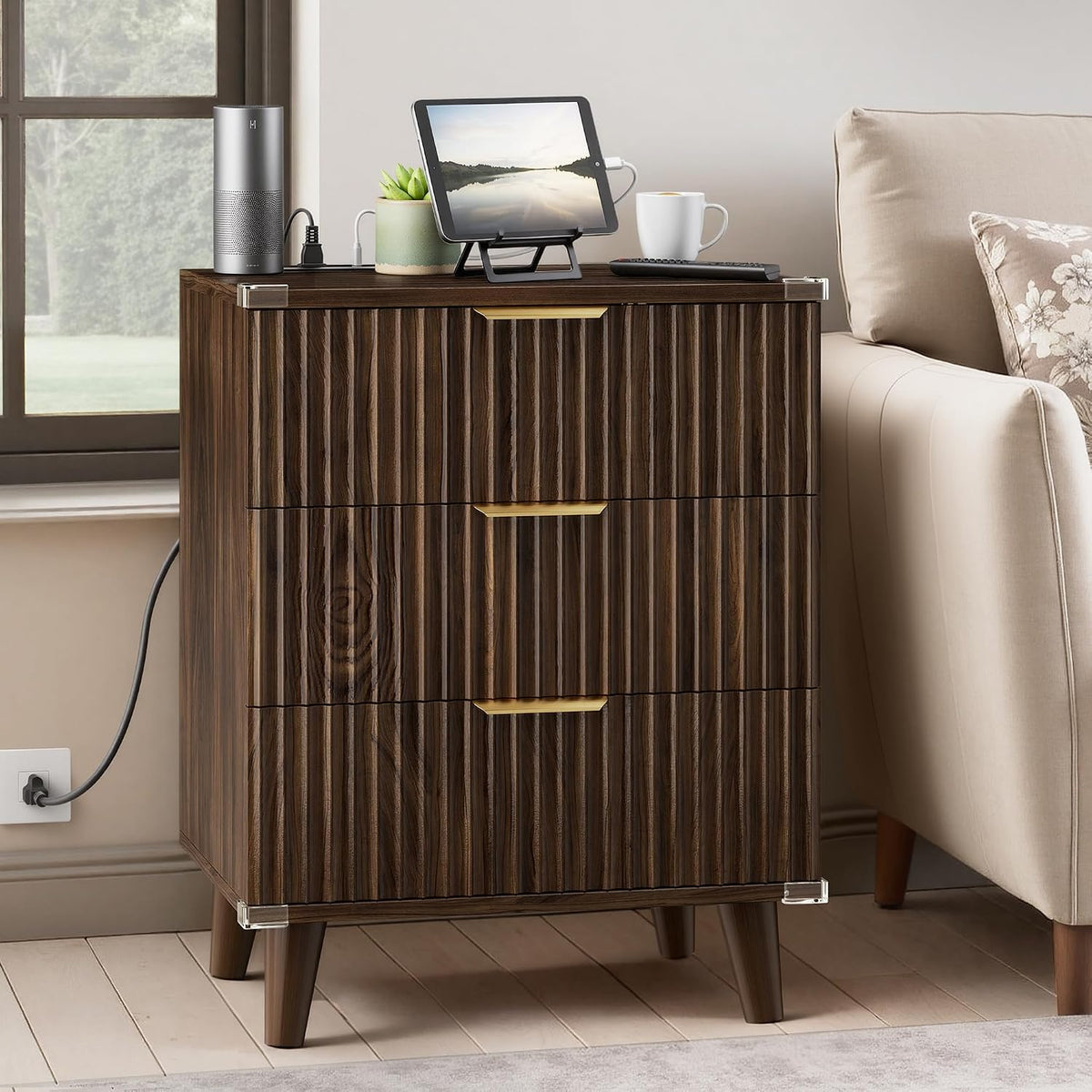 Miucore Walnut Fluted nightstands Set of 2 Modern Night Stand w/Charging Station | 20 inch wide wood Bedside End Table with 3 Large Storage Drawers Mid Century Tall Side Table