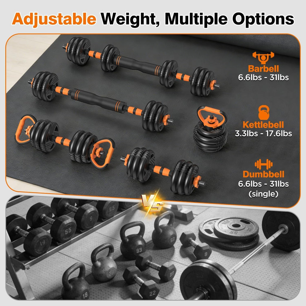 Miucore Adjustable Dumbbell Set, 33lbs Free Weights Set with Connector, 5 in 1 Weights Dumbbells Set Used as Barbell, Kettlebells, Push up Stand, Weight Plate, Fitness Exercise for Home Gym Workout