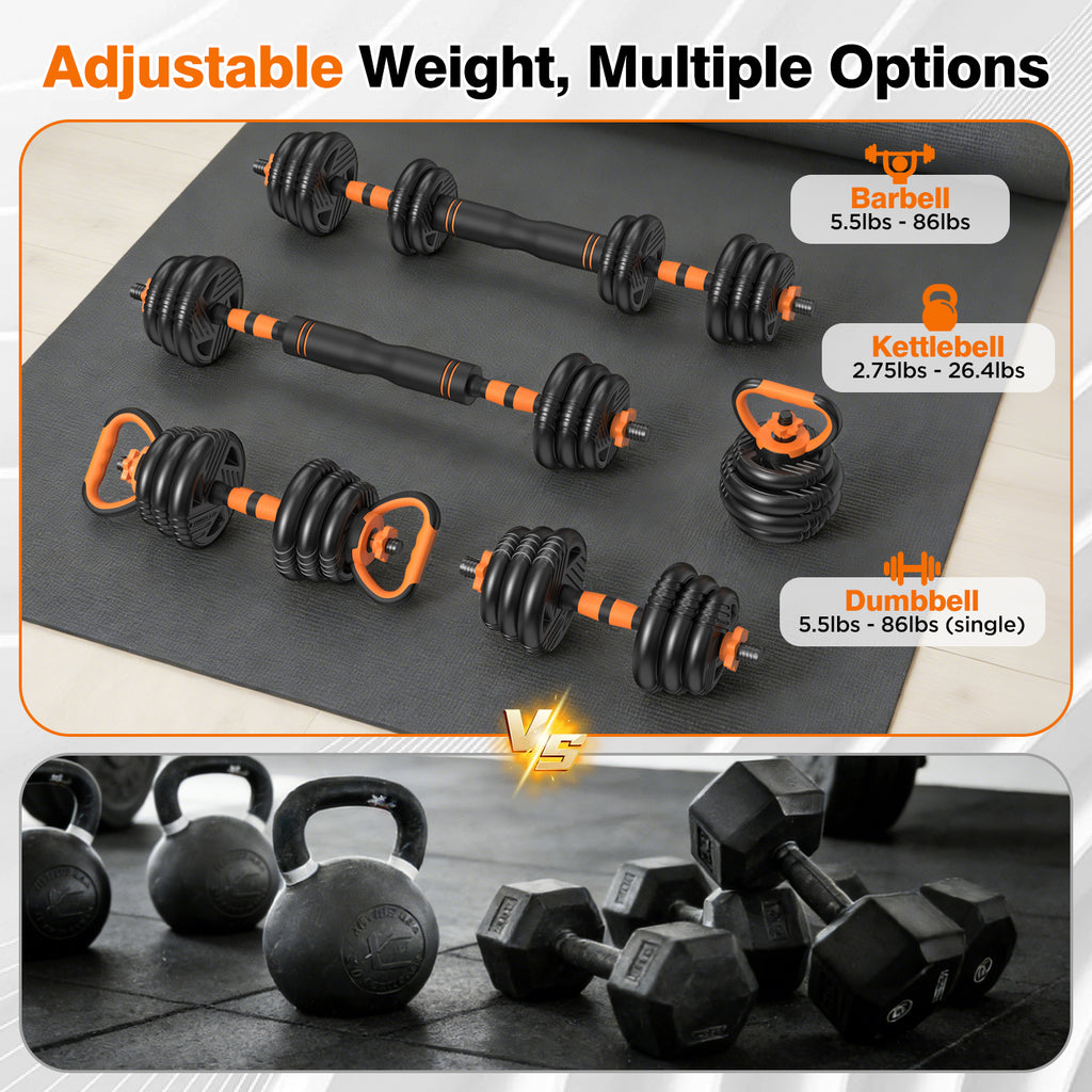 Miucore 88lbs Adjustable Dumbbell Set with Connector, 5 in 1 Weight Dumbbell Set Used as Barbell, Kettlebells, Push up Stand, Weight Plate, Fitness Workout Equipment for Home Gym