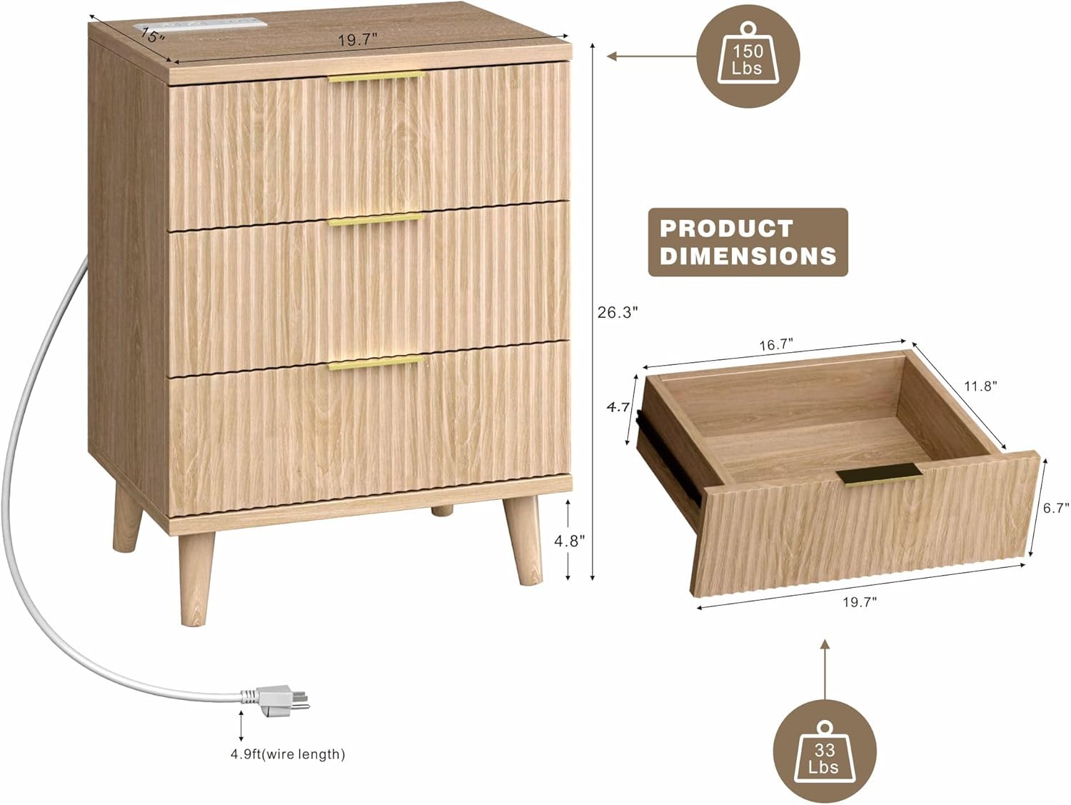 Miucore Fluted nightstands Set of 2, 20 inch Modern Nightstand with Charging Station Wood Bedside End Table with 3 Large Storage Drawers, Tall Side Table for Bedroom Sofa Office Oak Natural