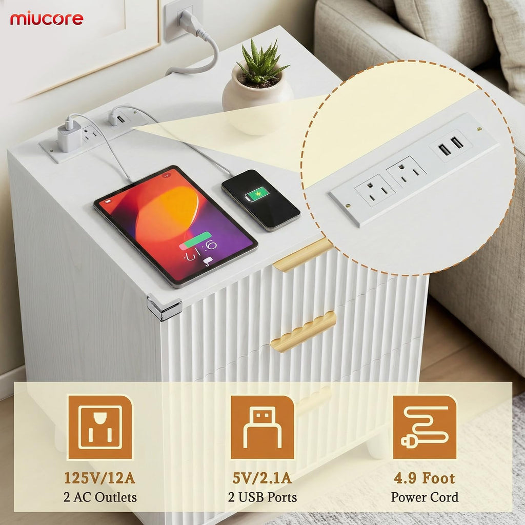 Miucore White Fluted nightstands Set of 2, 20 inch Modern Nightstand with Charging Station Wood Bedside End Table with 3 Large Storage Drawers, Tall Side Table for Bedroom Sofa Office