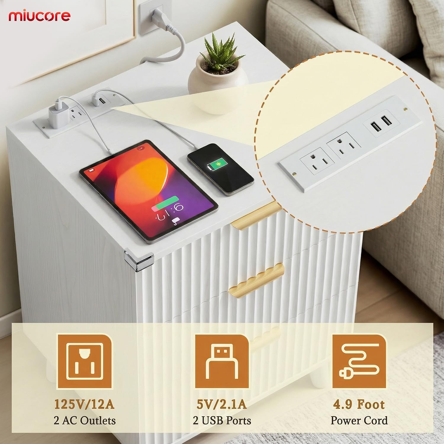 Miucore White Fluted nightstands Set of 2, 20 inch Modern Nightstand with Charging Station Wood Bedside End Table with 3 Large Storage Drawers, Tall Side Table for Bedroom Sofa Office