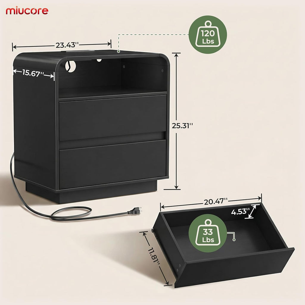 Miucore Black Nightstands Set of 2, Wide Round Bedside Table Set 2 with Charging Station, Large End Table with 2 Drawers Curved Design Modern Nightstand for Bedroom Sofa Home Office