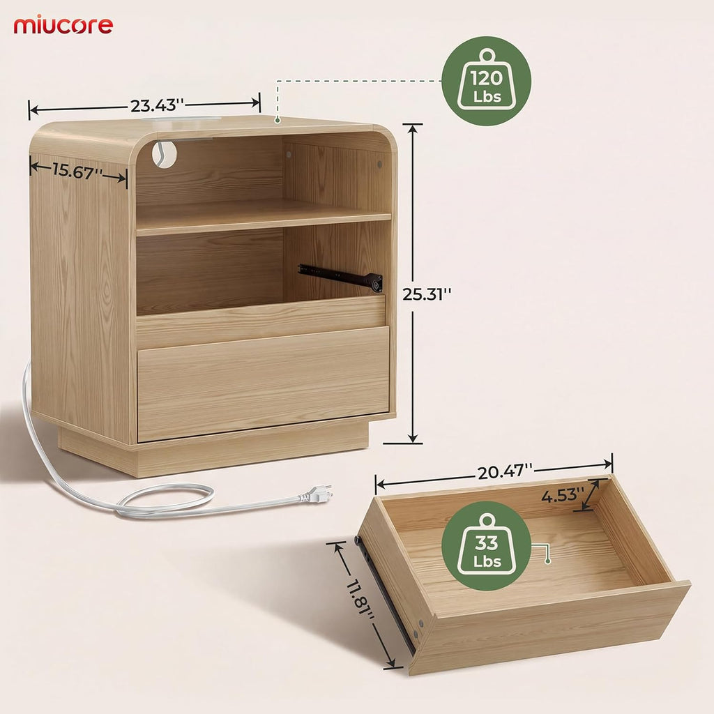 Miucore Nightstands Set of 2, Wide Round Bedside Table Set 2 with Charging Station, Large End Table with 2 Drawers Curved Design Modern Nightstand for Bedroom Sofa Home Office Oak Natural