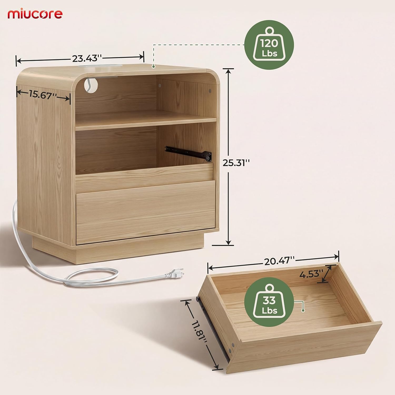 Miucore Nightstands Set of 2, Wide Round Bedside Table Set 2 with Charging Station, Large End Table with 2 Drawers Curved Design Modern Nightstand for Bedroom Sofa Home Office Oak Natural