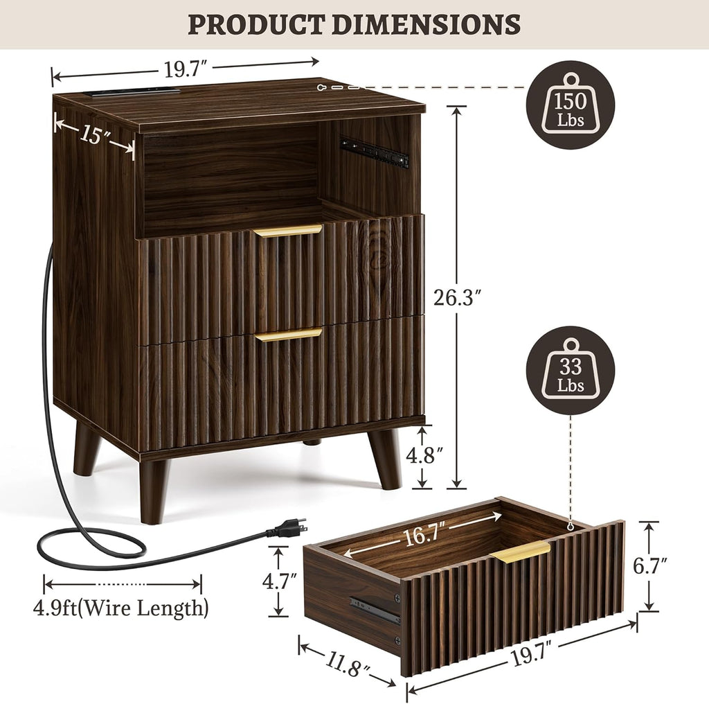 Miucore Walnut Fluted nightstands Set of 2, 20 inch Modern Nightstand with Charging Station Wood Bedside End Table with 3 Large Storage Drawers, Tall Side Table for Bedroom Sofa Office