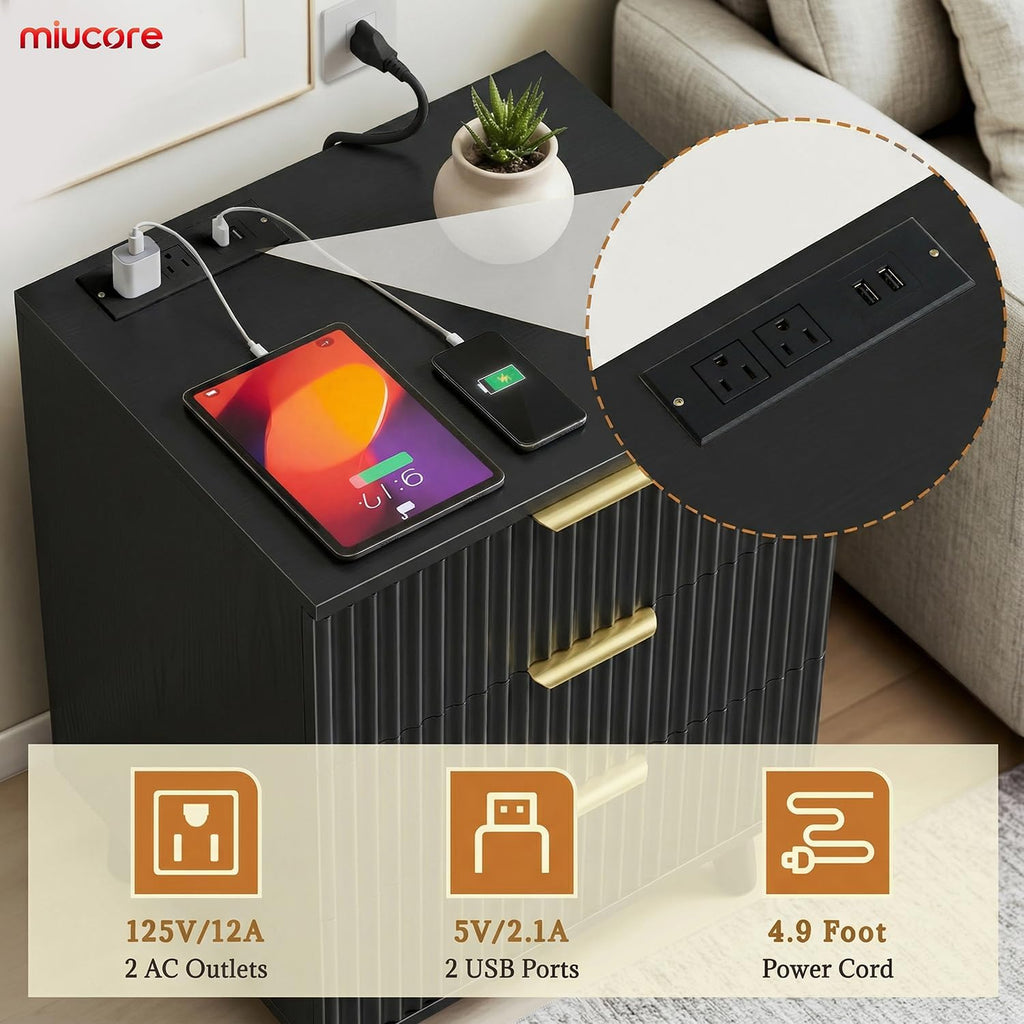Miucore Black Fluted nightstands Set of 2 Modern Night Stand w/Charging Station | 20 inch wide wood Bedside End Table with 3 Large Storage Drawers Mid Century Tall Side Table