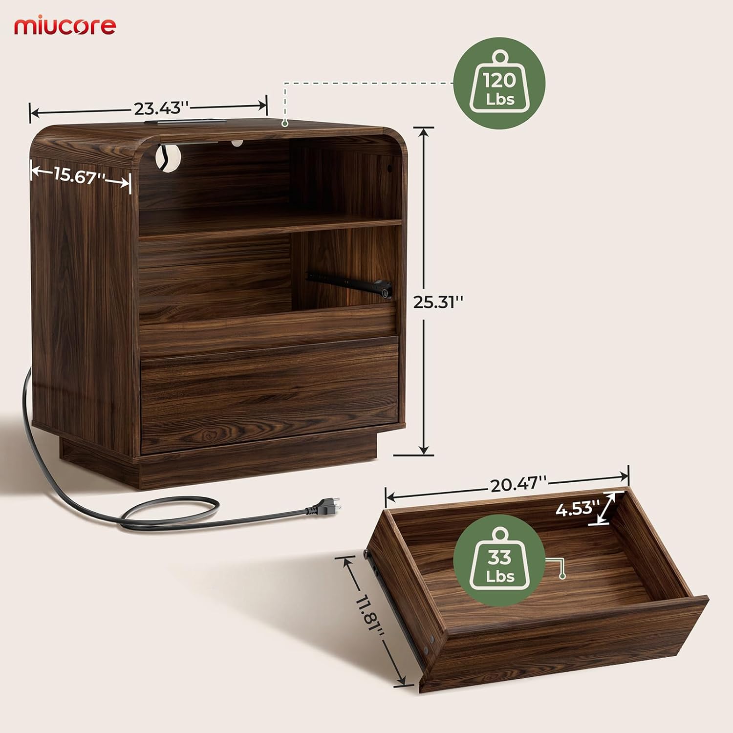 Miucore Nightstands Set of 2, Wide Round Bedside Table Set with Charging Station, Large End Table with 2 Drawers Curved Design Modern Nightstand for Bedroom Sofa Home Office Walnut