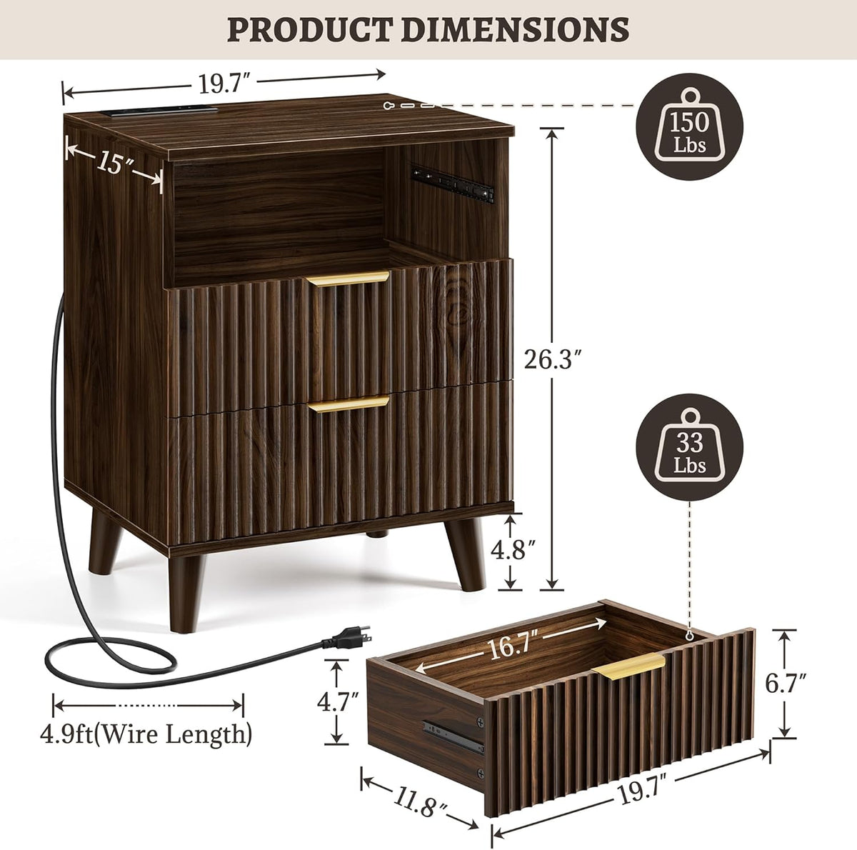 Miucore Walnut Fluted nightstands Set of 2 Modern Night Stand w/Charging Station | 20 inch wide wood Bedside End Table with 3 Large Storage Drawers Mid Century Tall Side Table