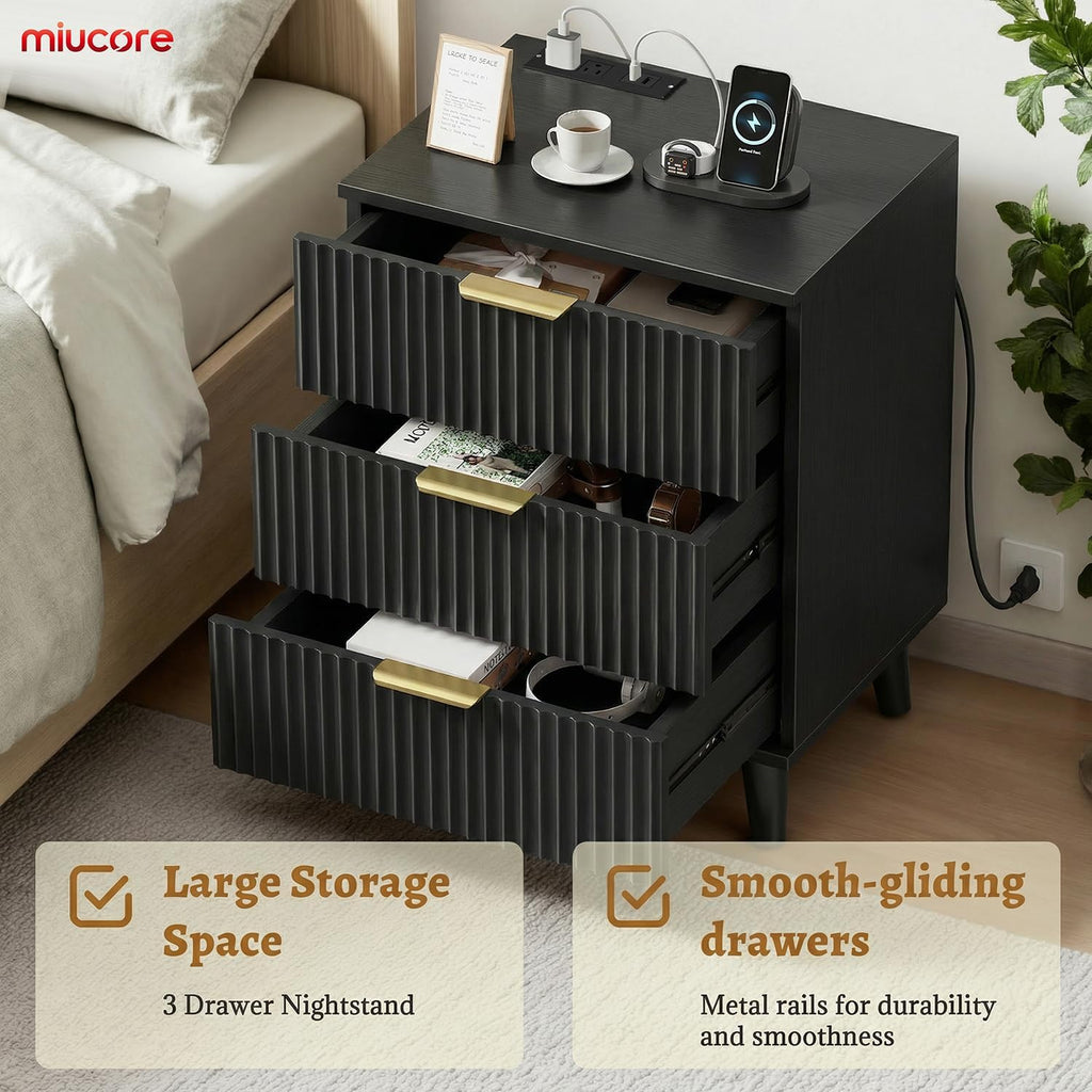 Miucore Black Fluted nightstands Set of 2 Modern Night Stand w/Charging Station | 20 inch wide wood Bedside End Table with 3 Large Storage Drawers Mid Century Tall Side Table