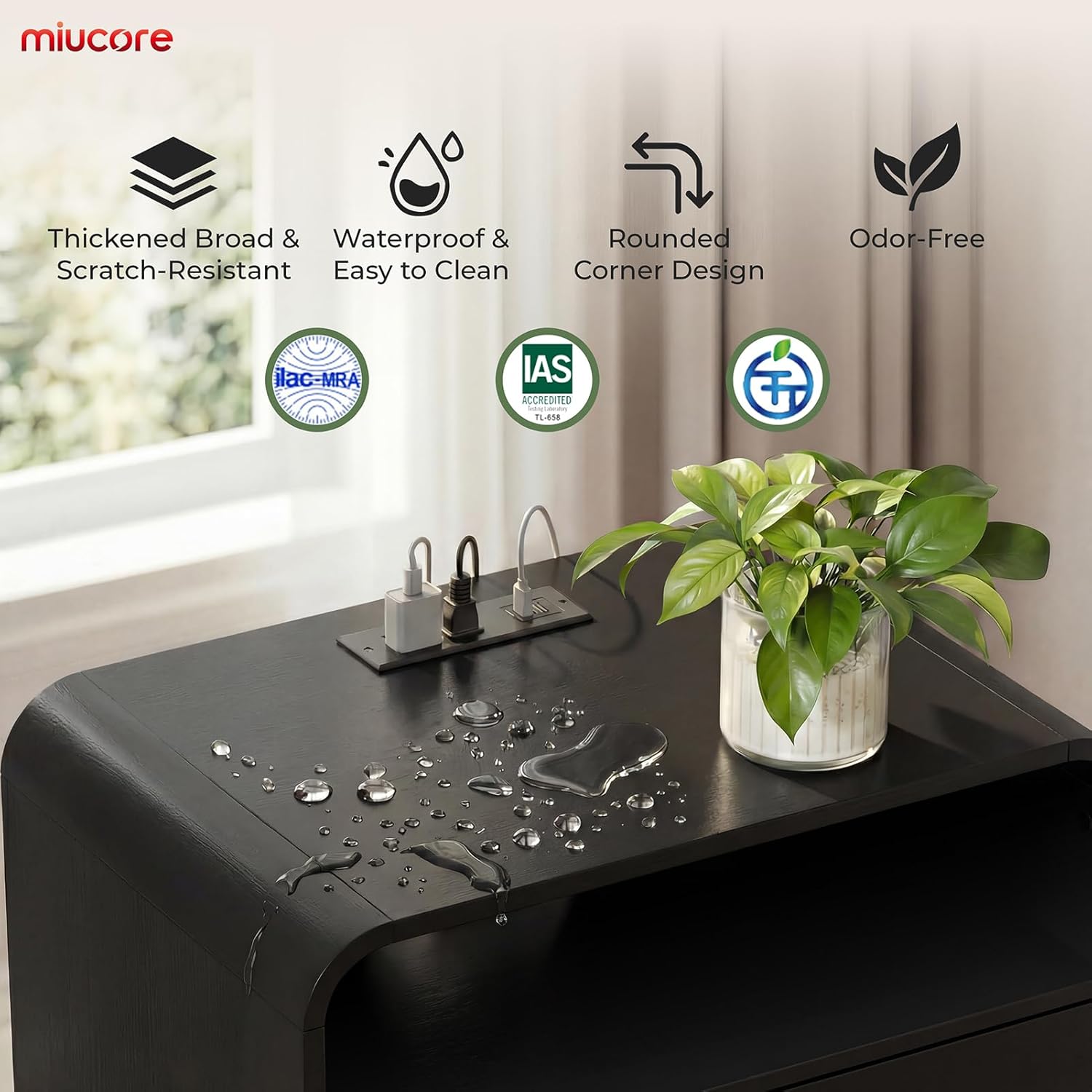 Miucore Black Nightstands Set of 2, Wide Round Bedside Table Set 2 with Charging Station, Large End Table with 2 Drawers Curved Design Modern Nightstand for Bedroom Sofa Home Office
