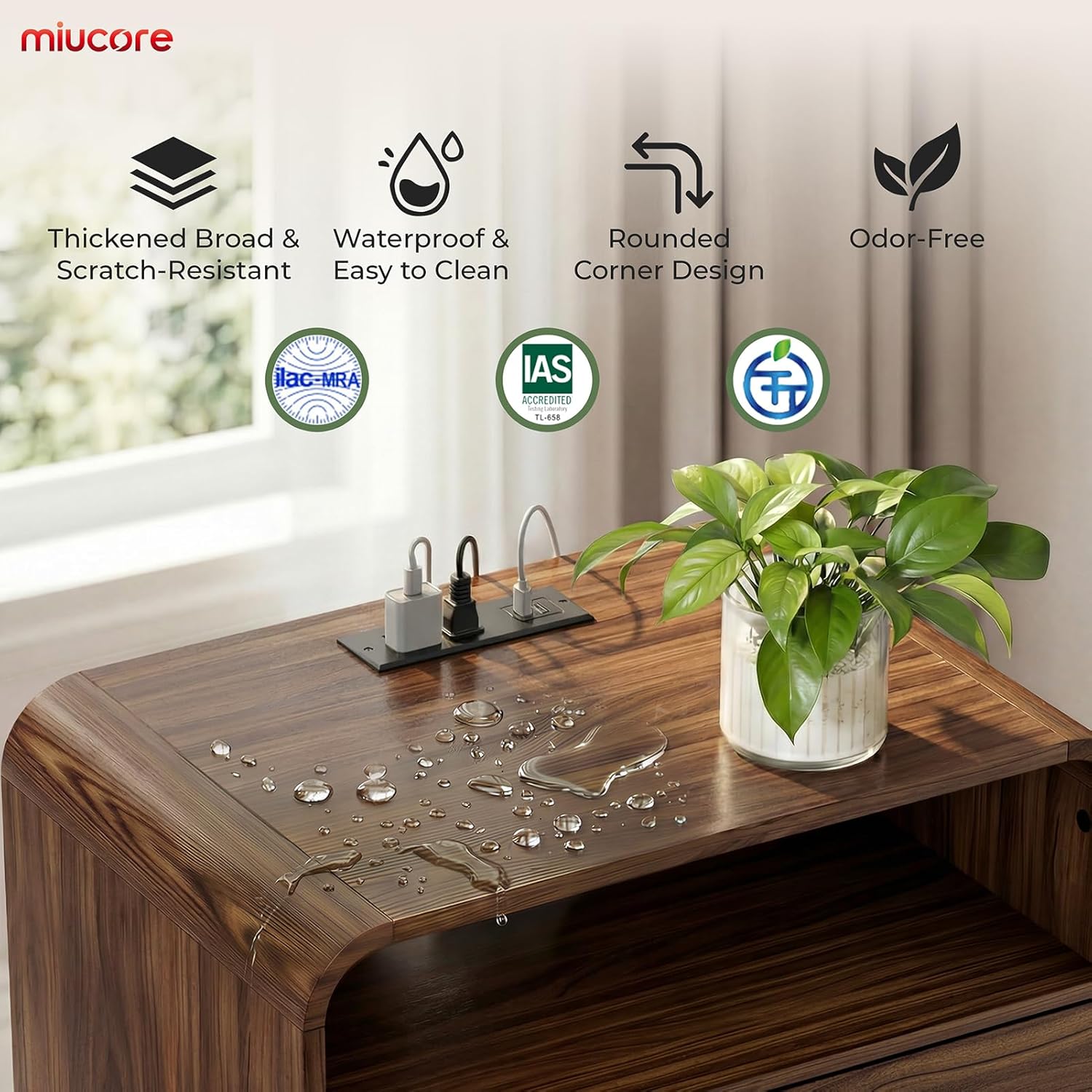 Miucore Nightstands Set of 2, Wide Round Bedside Table Set with Charging Station, Large End Table with 2 Drawers Curved Design Modern Nightstand for Bedroom Sofa Home Office Walnut