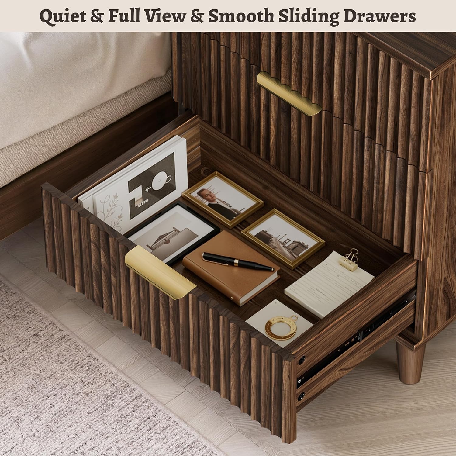 Miucore Walnut Fluted nightstands Set of 2, 20 inch Modern Nightstand with Charging Station Wood Bedside End Table with 3 Large Storage Drawers, Tall Side Table for Bedroom Sofa Office