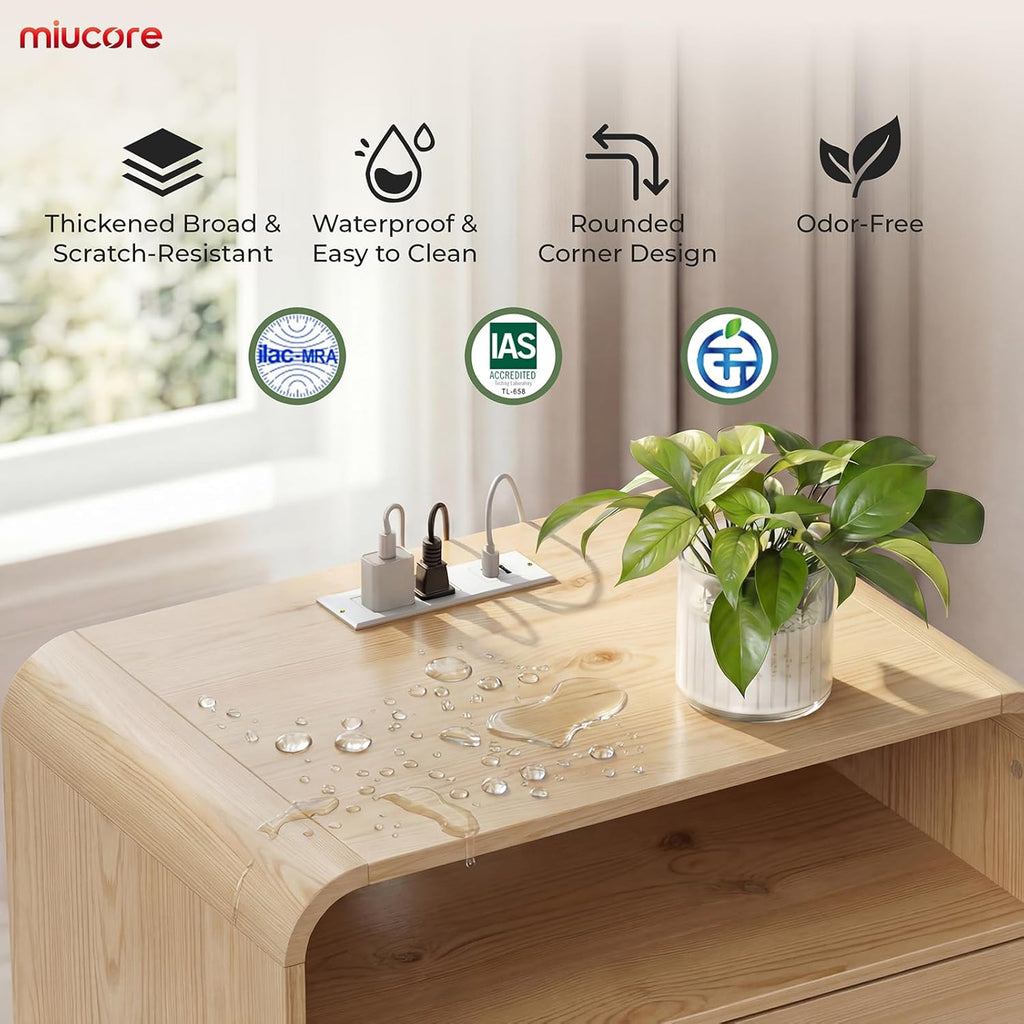 Miucore Nightstands Set of 2, Wide Round Bedside Table Set 2 with Charging Station, Large End Table with 2 Drawers Curved Design Modern Nightstand for Bedroom Sofa Home Office Oak Natural