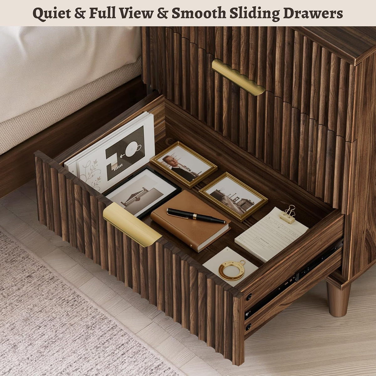 Miucore Walnut Fluted nightstands Set of 2 Modern Night Stand w/Charging Station | 20 inch wide wood Bedside End Table with 3 Large Storage Drawers Mid Century Tall Side Table
