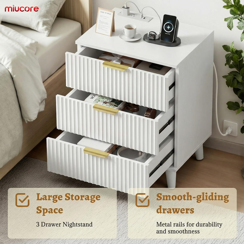Miucore White Fluted nightstands Set of 2, 20 inch Modern Nightstand with Charging Station Wood Bedside End Table with 3 Large Storage Drawers, Tall Side Table for Bedroom Sofa Office