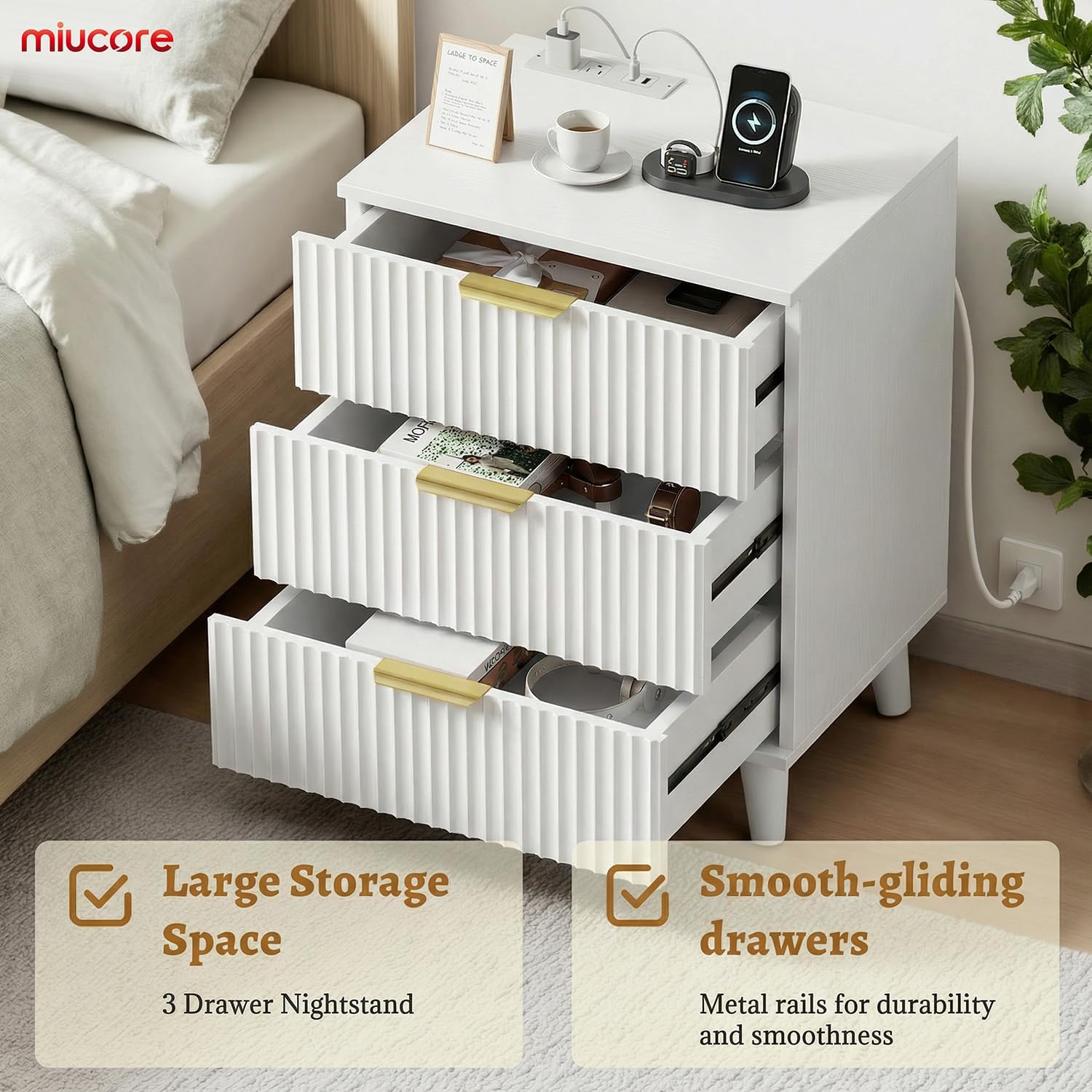 Miucore White Fluted nightstands Set of 2, 20 inch Modern Nightstand with Charging Station Wood Bedside End Table with 3 Large Storage Drawers, Tall Side Table for Bedroom Sofa Office