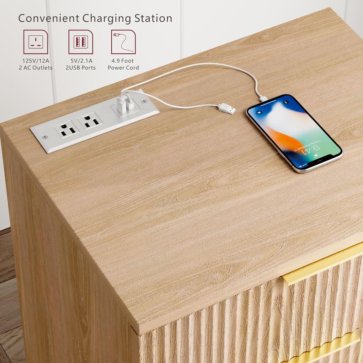Miucore Fluted nightstands Set of 2, 20 inch Modern Nightstand with Charging Station Wood Bedside End Table with 3 Large Storage Drawers, Tall Side Table for Bedroom Sofa Office Oak Natural