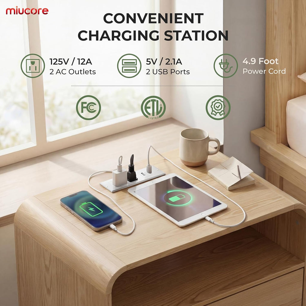 Miucore Nightstands Set of 2, Wide Round Bedside Table Set 2 with Charging Station, Large End Table with 2 Drawers Curved Design Modern Nightstand for Bedroom Sofa Home Office Oak Natural