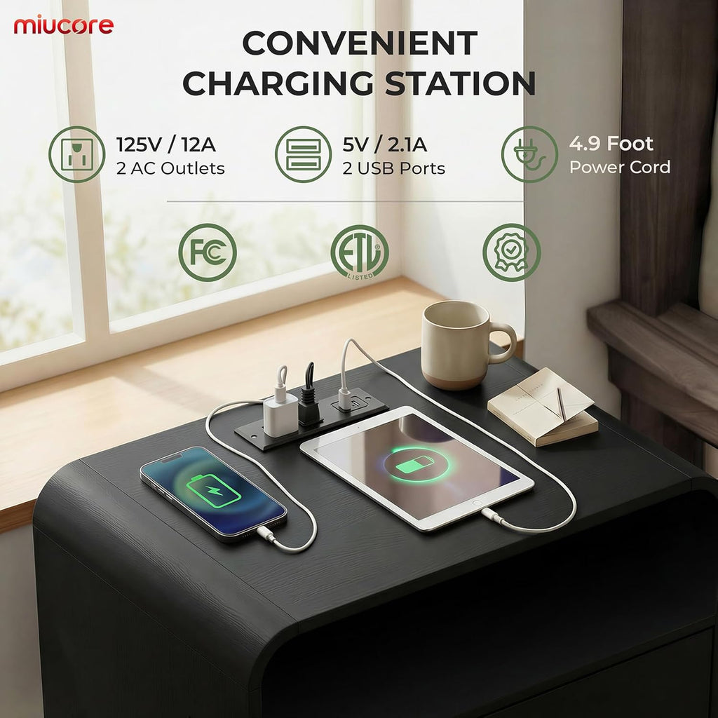 Miucore Black Nightstands Set of 2, Wide Round Bedside Table Set 2 with Charging Station, Large End Table with 2 Drawers Curved Design Modern Nightstand for Bedroom Sofa Home Office