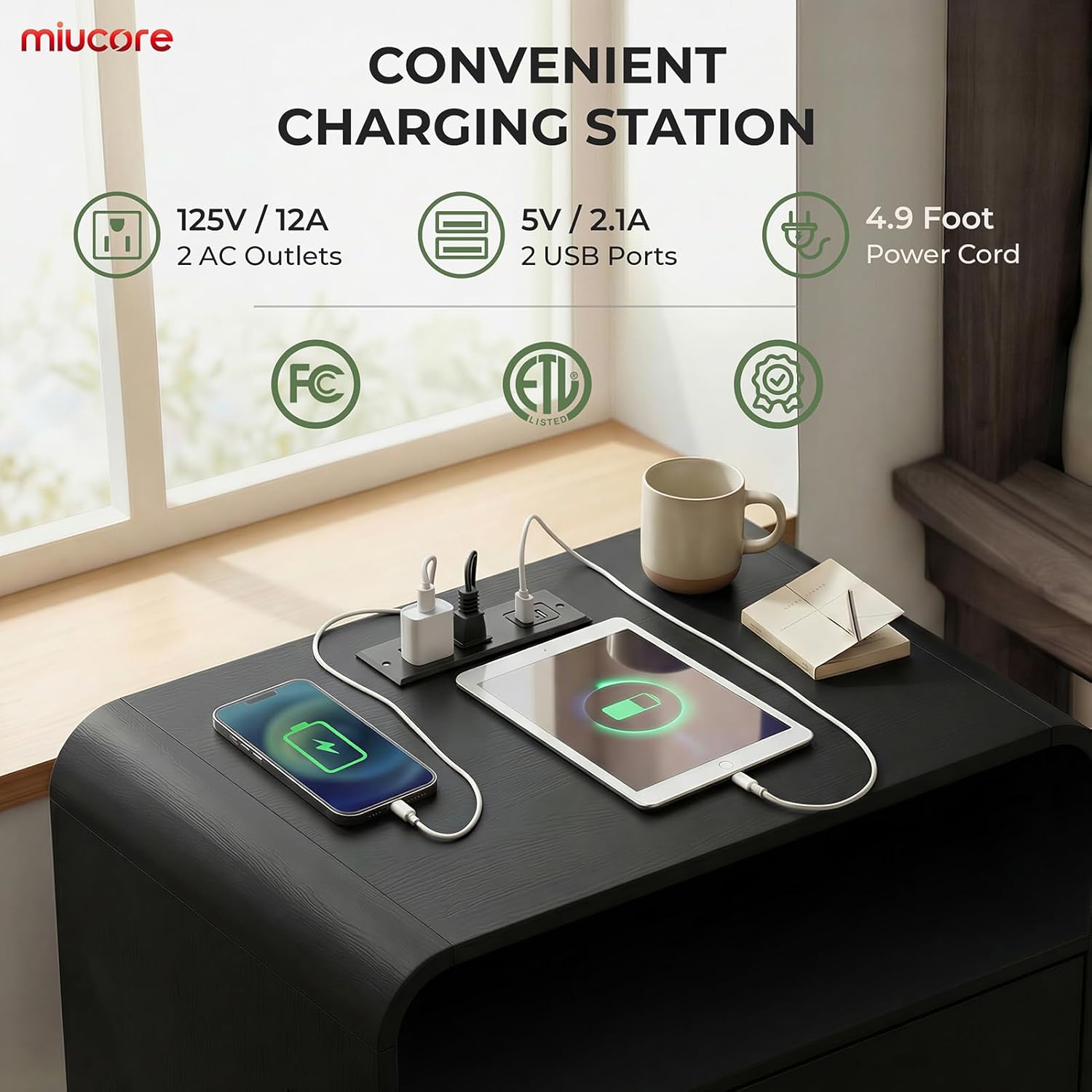Miucore Black Nightstands Set of 2, Wide Round Bedside Table Set 2 with Charging Station, Large End Table with 2 Drawers Curved Design Modern Nightstand for Bedroom Sofa Home Office