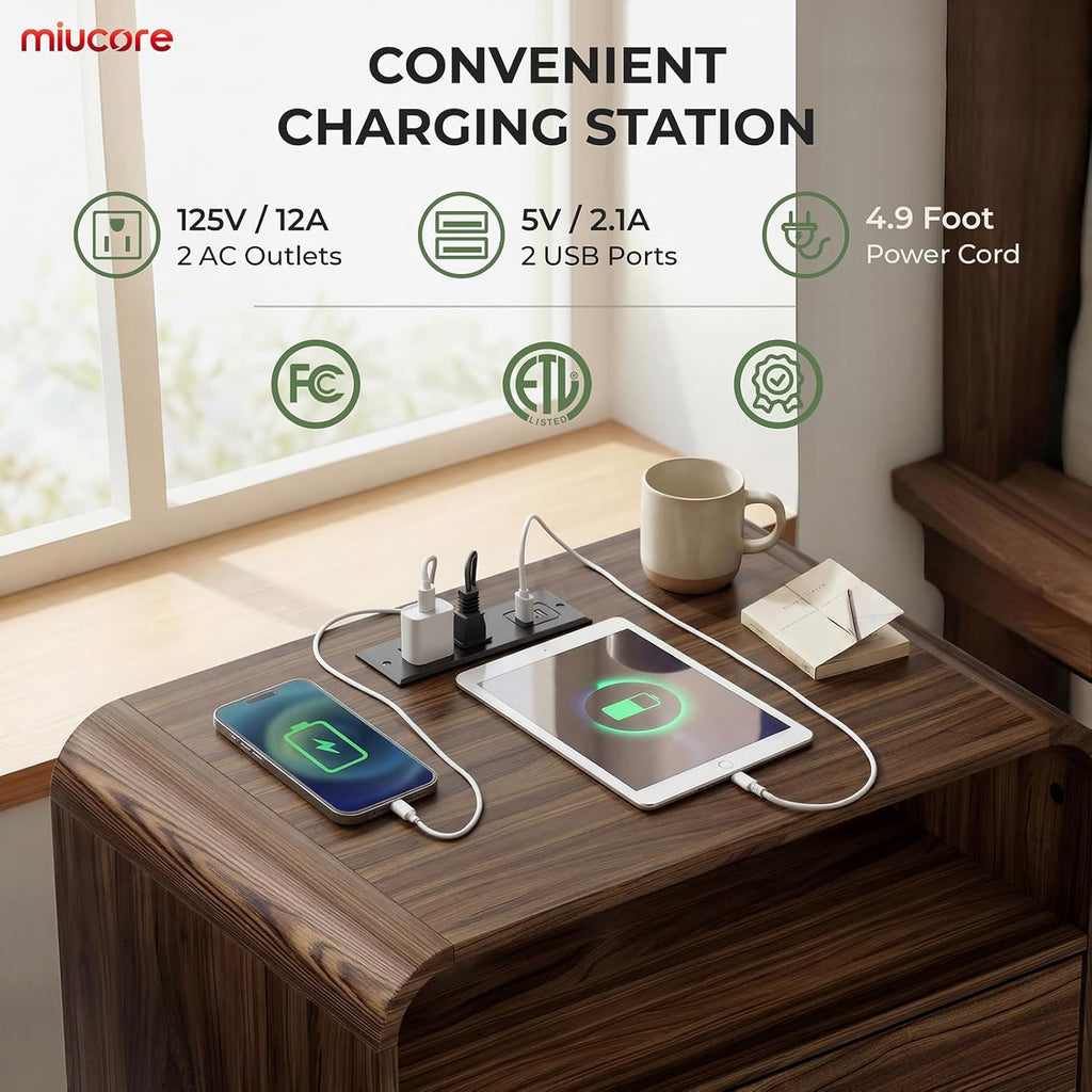 Miucore Nightstands Set of 2, Wide Round Bedside Table Set with Charging Station, Large End Table with 2 Drawers Curved Design Modern Nightstand for Bedroom Sofa Home Office Walnut