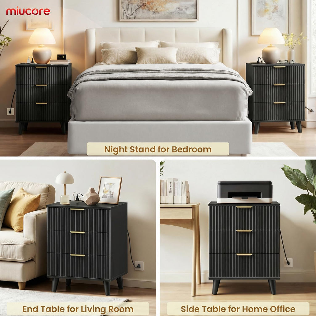 Miucore Black Fluted nightstands Set of 2 Modern Night Stand w/Charging Station | 20 inch wide wood Bedside End Table with 3 Large Storage Drawers Mid Century Tall Side Table