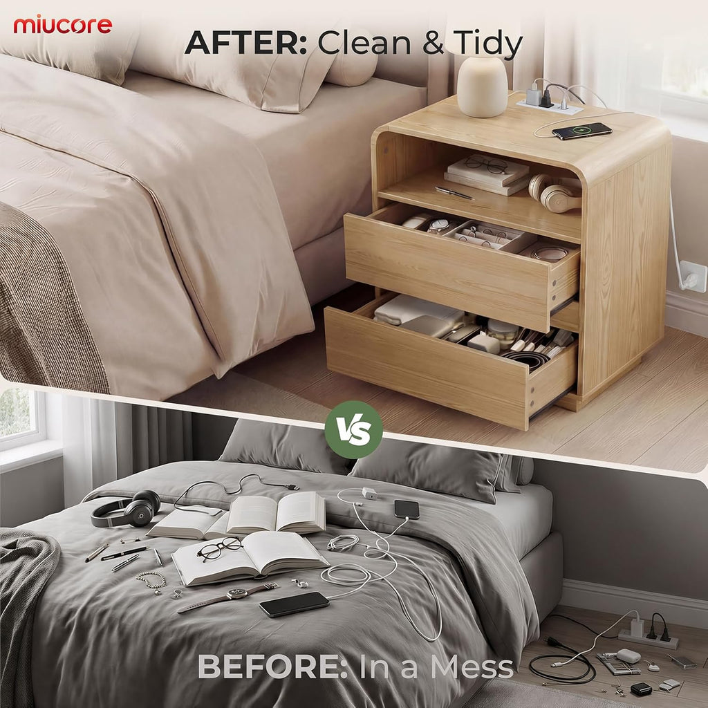 Miucore Nightstands Set of 2, Wide Round Bedside Table Set 2 with Charging Station, Large End Table with 2 Drawers Curved Design Modern Nightstand for Bedroom Sofa Home Office Oak Natural