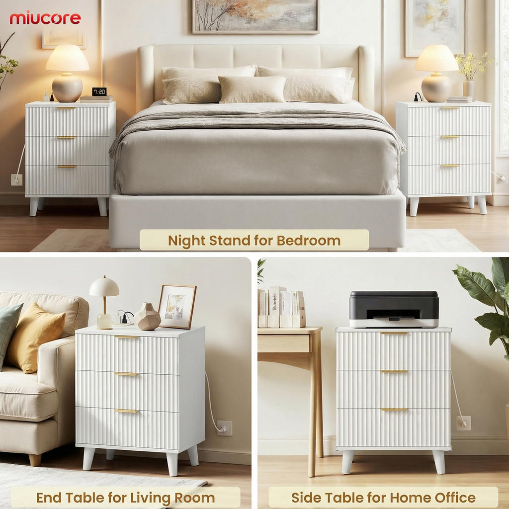 Miucore White Fluted nightstands Set of 2, 20 inch Modern Nightstand with Charging Station Wood Bedside End Table with 3 Large Storage Drawers, Tall Side Table for Bedroom Sofa Office