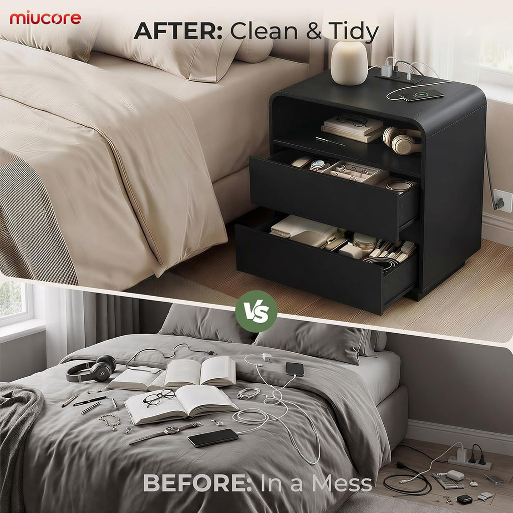 Miucore Black Nightstands Set of 2, Wide Round Bedside Table Set 2 with Charging Station, Large End Table with 2 Drawers Curved Design Modern Nightstand for Bedroom Sofa Home Office